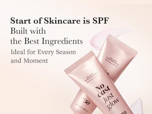 No Cast Just Glow Collagen Sunscreen | SPF 50 Broad Spectrum Face Sunscreen | Lightweight, Non-Sticky, Hydrating Formula | No White Cast or Residue | Peptide, Cica for Soothing & Natural Glow