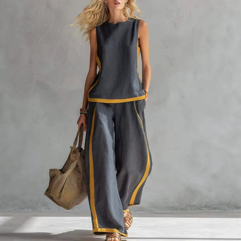 2026 Linen Blend Two Piece Set for WomenSleeveless Color Block Top Wide Leg Pants SetCasual Summer Outfit