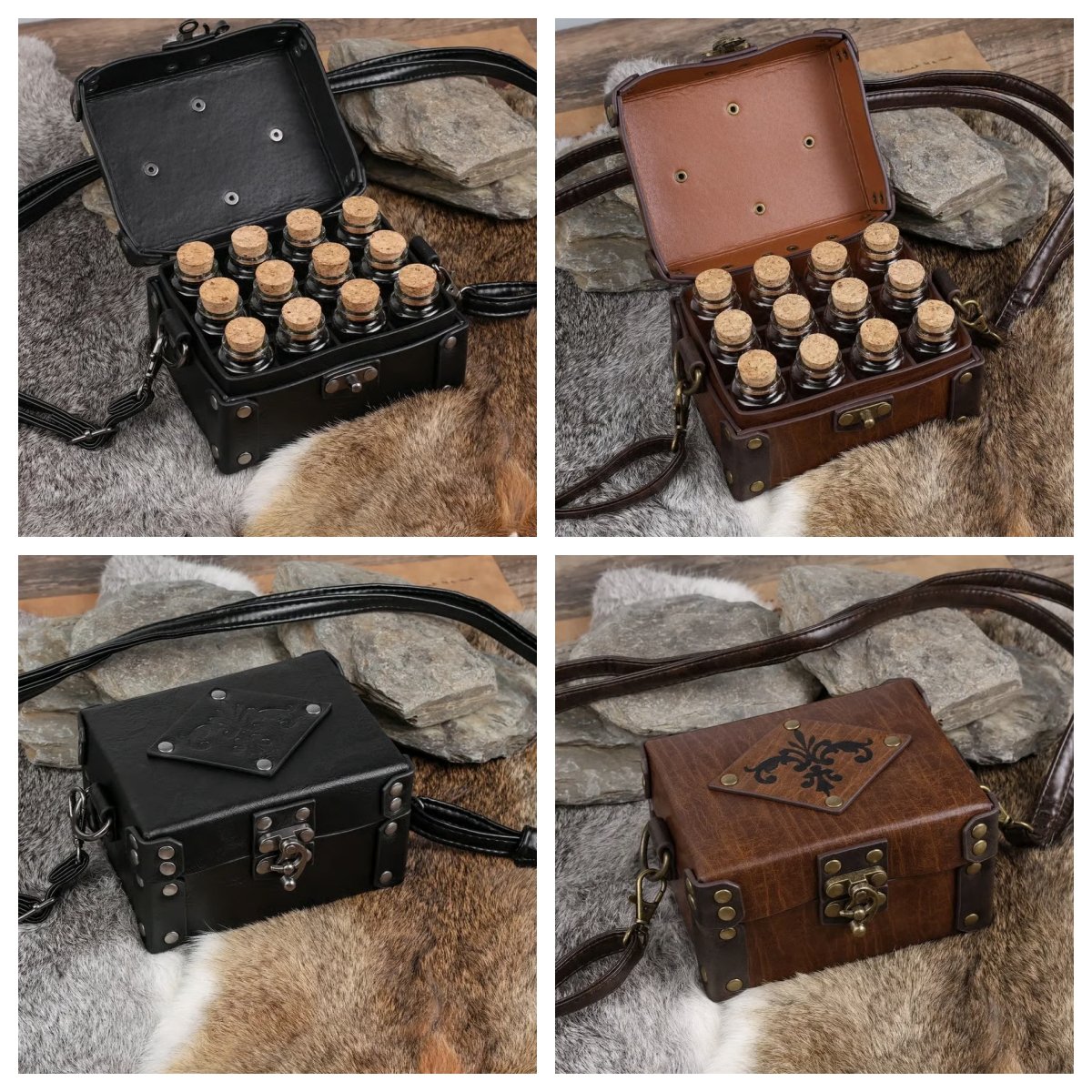 Vintage Leather Vial Carry Bag with 12 Glass Bottles