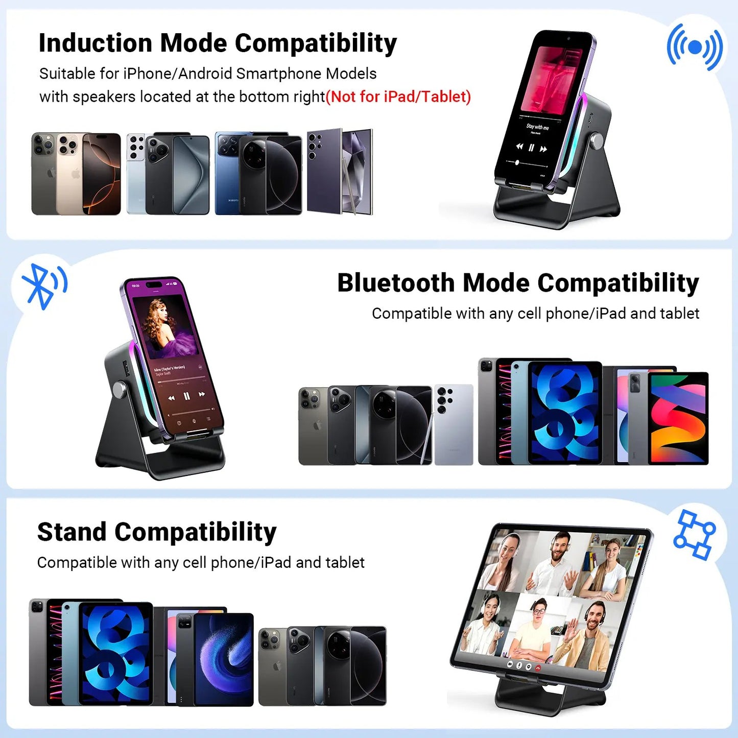 Wireless Induction Audio Speaker Stand, 5-in-1 Phone Stand, 3500mAh Rechargeable Emergency Power , 360° Adjustable Phone