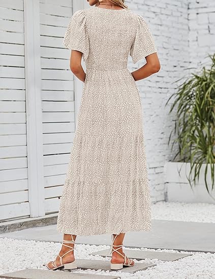🔥LAST DAY 52% OFF - 💖Women's 2026 Summer Casual Floral Print Short Flutter Sleeve Crew Neck Smocked High Waist Flowy Maxi Dress