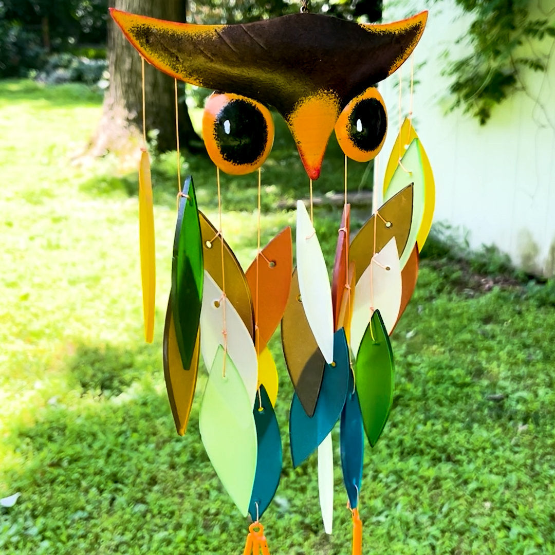 Handmade Rainbow Glass Owl Wind Chime