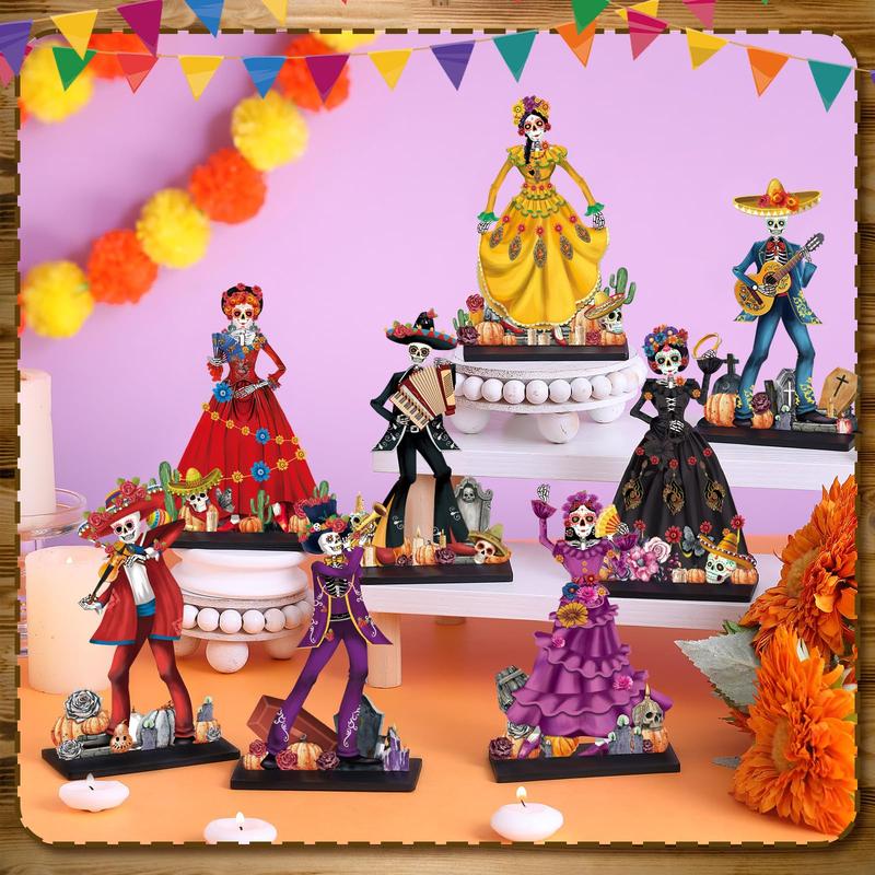 Day of The Dead Decor Set Mexican Sugar Skull Table Centerpieces Dia De Los Muertos Altar Skeleton Decor for Halloween Fiesta Tiered Tray Party Favor