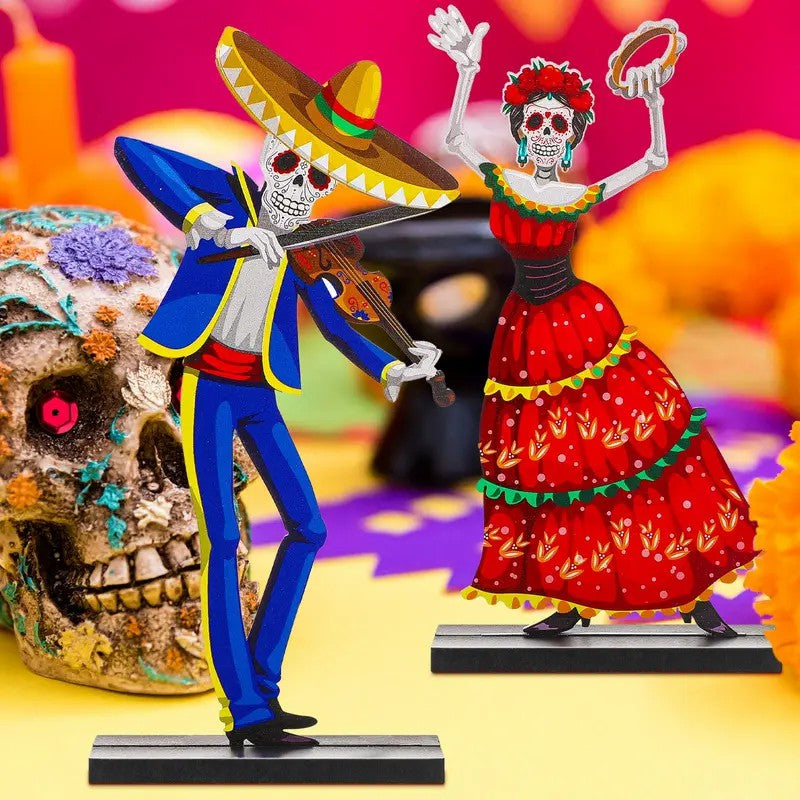 Day of The Dead Decor Set Mexican Sugar Skull Table Centerpieces Dia De Los Muertos Altar Skeleton Decor for Halloween Fiesta Tiered Tray Party Favor
