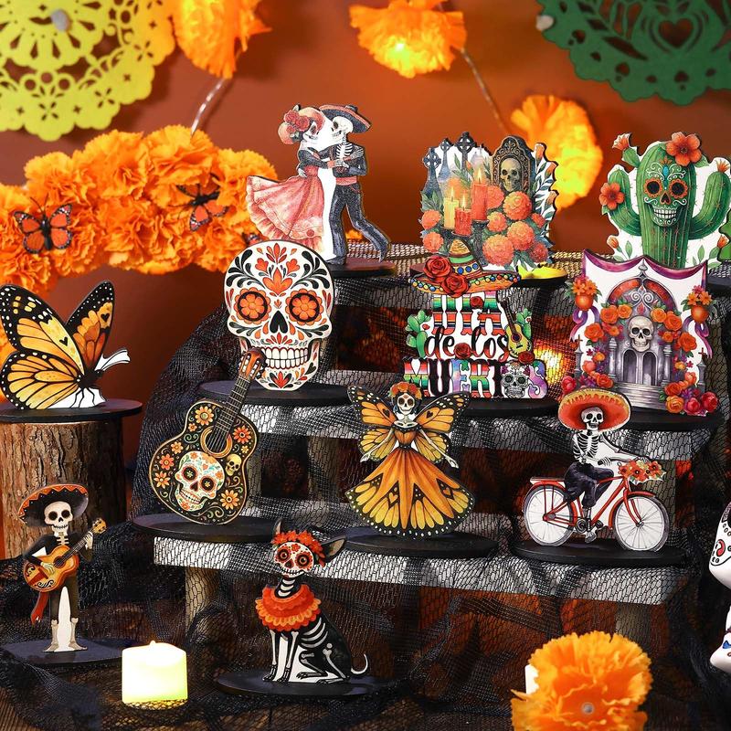 Day of The Dead Decor Set Mexican Sugar Skull Table Centerpieces Dia De Los Muertos Altar Skeleton Decor for Halloween Fiesta Tiered Tray Party Favor