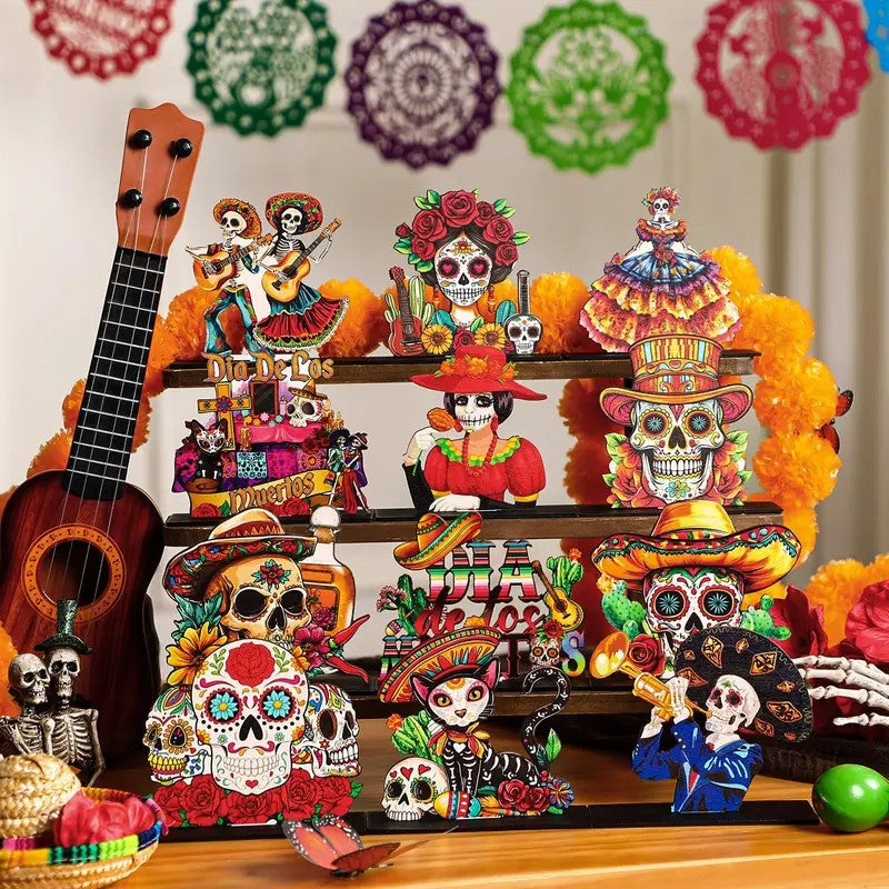 Day of The Dead Decor Set Mexican Sugar Skull Table Centerpieces Dia De Los Muertos Altar Skeleton Decor for Halloween Fiesta Tiered Tray Party Favor