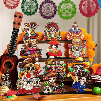 Day of The Dead Decor Set Mexican Sugar Skull Table Centerpieces Dia De Los Muertos Altar Skeleton Decor for Halloween Fiesta Tiered Tray Party Favor