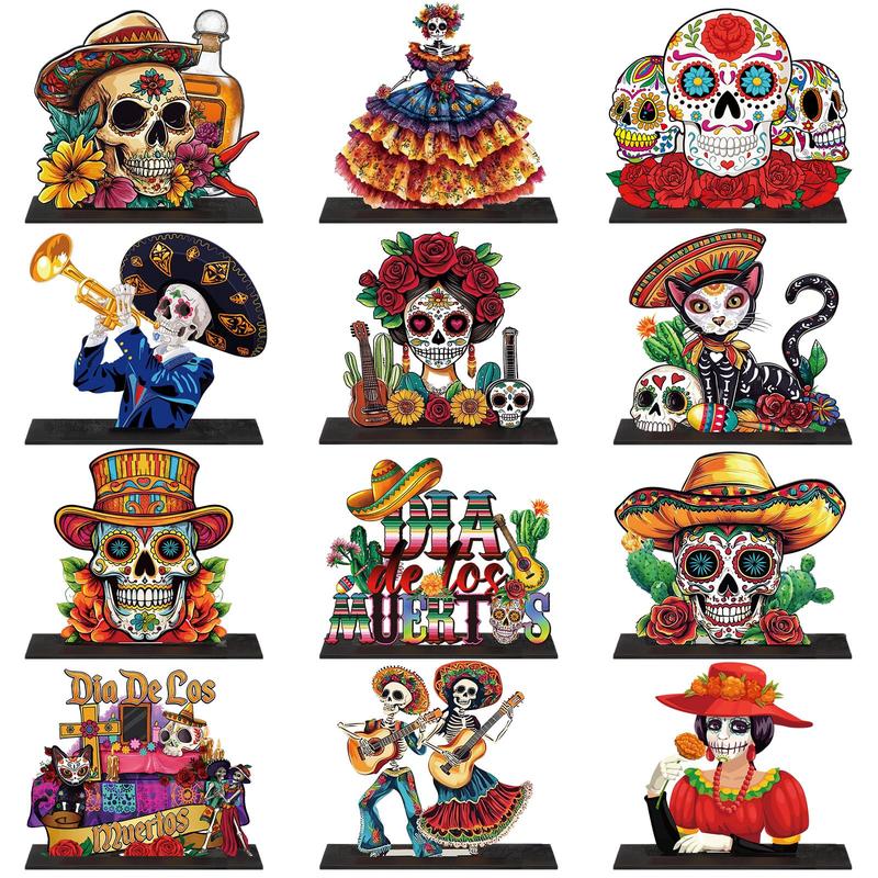 Day of The Dead Decor Set Mexican Sugar Skull Table Centerpieces Dia De Los Muertos Altar Skeleton Decor for Halloween Fiesta Tiered Tray Party Favor