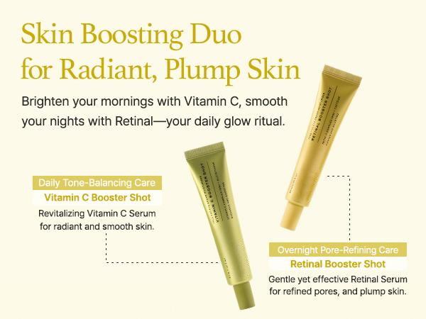 Booster Shot Skin Renewal Duo - Vitamin C & Retinal for Day And Night Brightening, Pore Minimizing, Moisturizing, and Fades Dark Spots