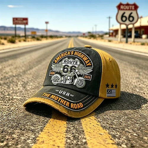 🏍️ Vintage Route 66 100th Anniversary Embroidered Baseball Cap - 100% Cotton