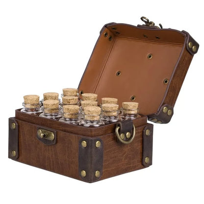 Vintage Leather Vial Carry Bag with 12 Glass Bottles