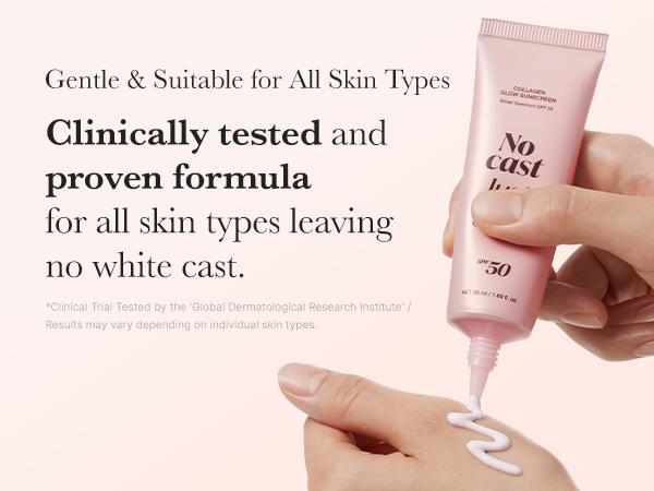 No Cast Just Glow Collagen Sunscreen | SPF 50 Broad Spectrum Face Sunscreen | Lightweight, Non-Sticky, Hydrating Formula | No White Cast or Residue | Peptide, Cica for Soothing & Natural Glow