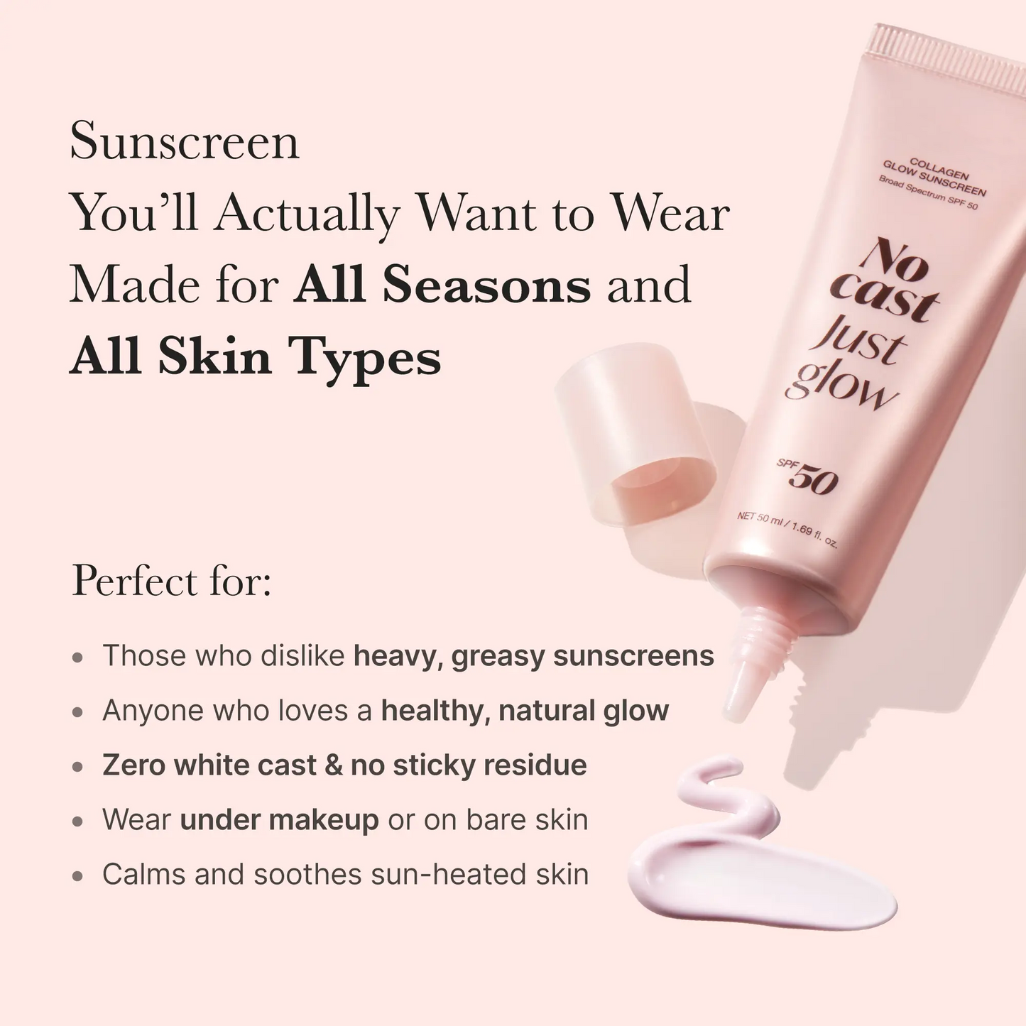 No Cast Just Glow Collagen Sunscreen | SPF 50 Broad Spectrum Face Sunscreen | Lightweight, Non-Sticky, Hydrating Formula | No White Cast or Residue | Peptide, Cica for Soothing & Natural Glow