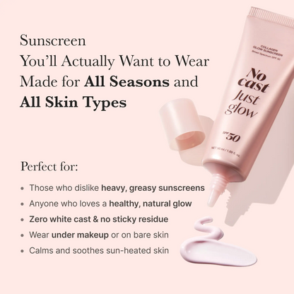 No Cast Just Glow Collagen Sunscreen | SPF 50 Broad Spectrum Face Sunscreen | Lightweight, Non-Sticky, Hydrating Formula | No White Cast or Residue | Peptide, Cica for Soothing & Natural Glow