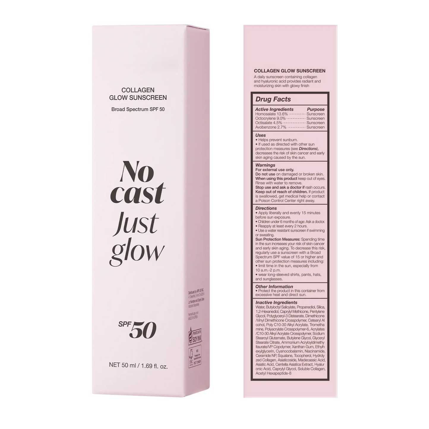No Cast Just Glow Collagen Sunscreen | SPF 50 Broad Spectrum Face Sunscreen | Lightweight, Non-Sticky, Hydrating Formula | No White Cast or Residue | Peptide, Cica for Soothing & Natural Glow