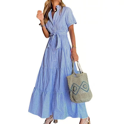 women's summer striped dress with tie waist ruffles long casual Shortsleeve Womenswear shirt dress SpringStatements