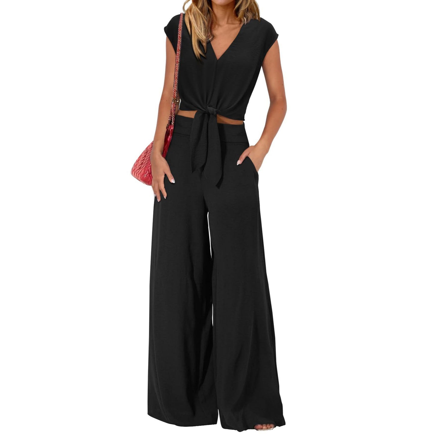 Women's Summer Two-Piece Tracksuit Short-sleeved V-neck drawstring crop top paired with wide-leg pants, casual sportswear【Buy 2 Free Shipping】