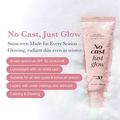 No Cast Just Glow Collagen Sunscreen | SPF 50 Broad Spectrum Face Sunscreen | Lightweight, Non-Sticky, Hydrating Formula | No White Cast or Residue | Peptide, Cica for Soothing & Natural Glow