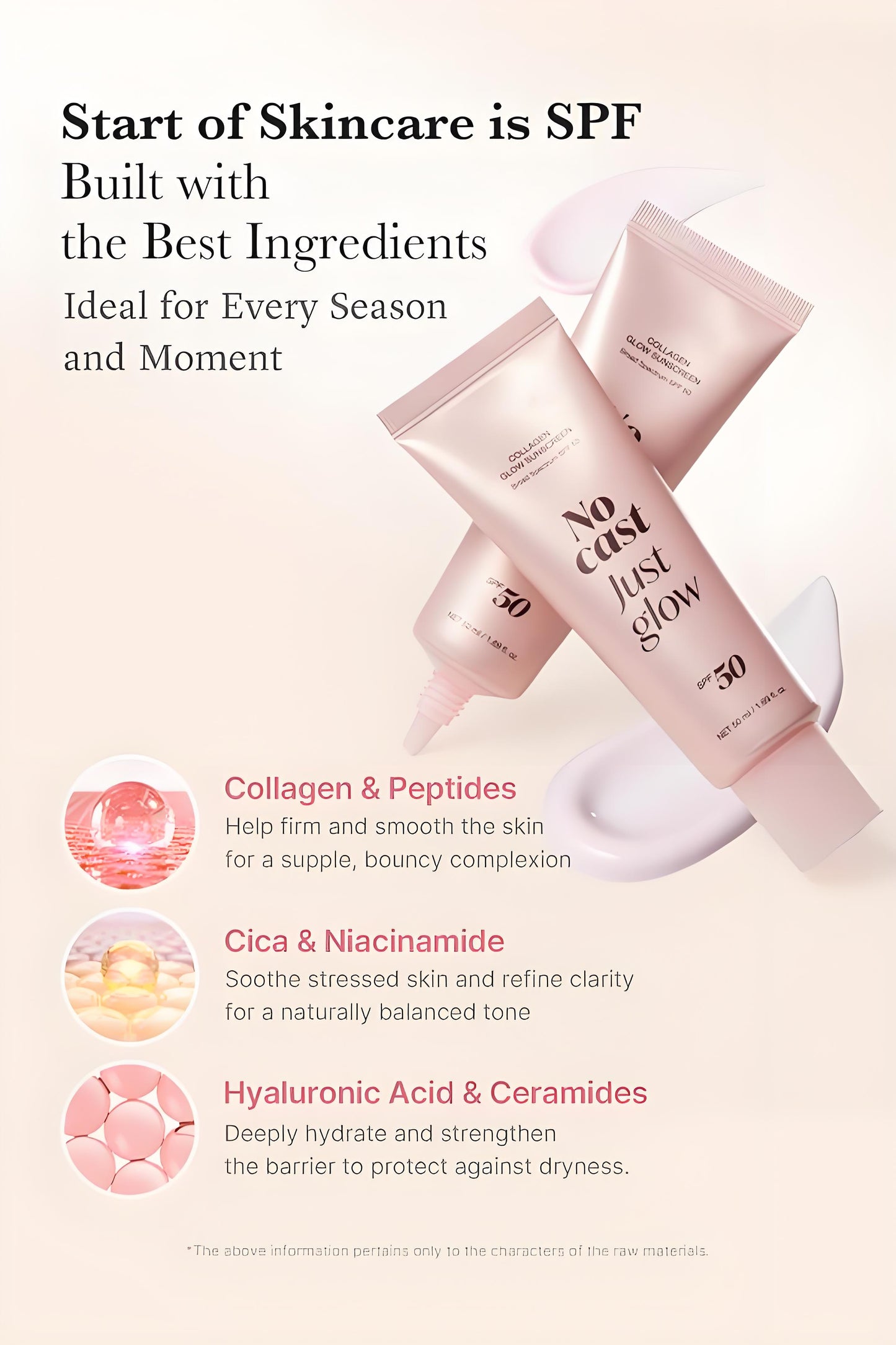No Cast Just Glow Collagen Sunscreen | SPF 50 Broad Spectrum Face Sunscreen | Lightweight, Non-Sticky, Hydrating Formula | No White Cast or Residue | Peptide, Cica for Soothing & Natural Glow