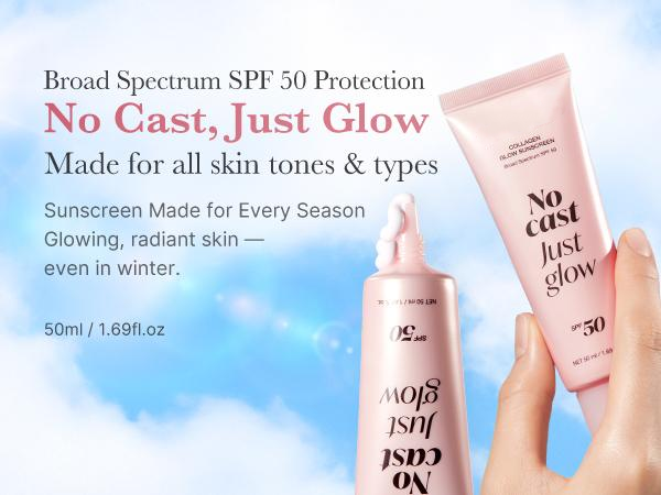 No Cast Just Glow Collagen Sunscreen | SPF 50 Broad Spectrum Face Sunscreen | Lightweight, Non-Sticky, Hydrating Formula | No White Cast or Residue | Peptide, Cica for Soothing & Natural Glow