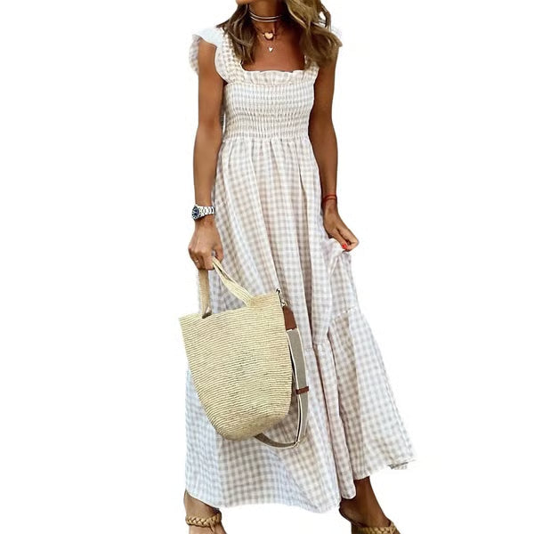 Women's Retro Plaid Smocked Dress, Spaghetti Strap Flowy Long Dress with Pockets