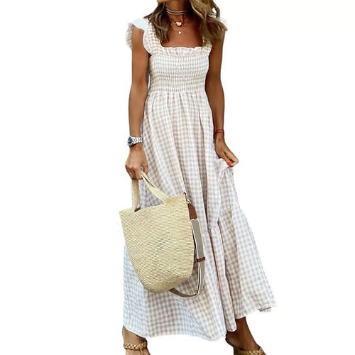 Women's Retro Plaid Smocked Dress, Spaghetti Strap Flowy Long Dress with Pockets
