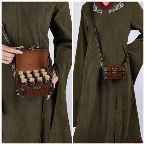 Vintage Leather Vial Carry Bag with 12 Glass Bottles