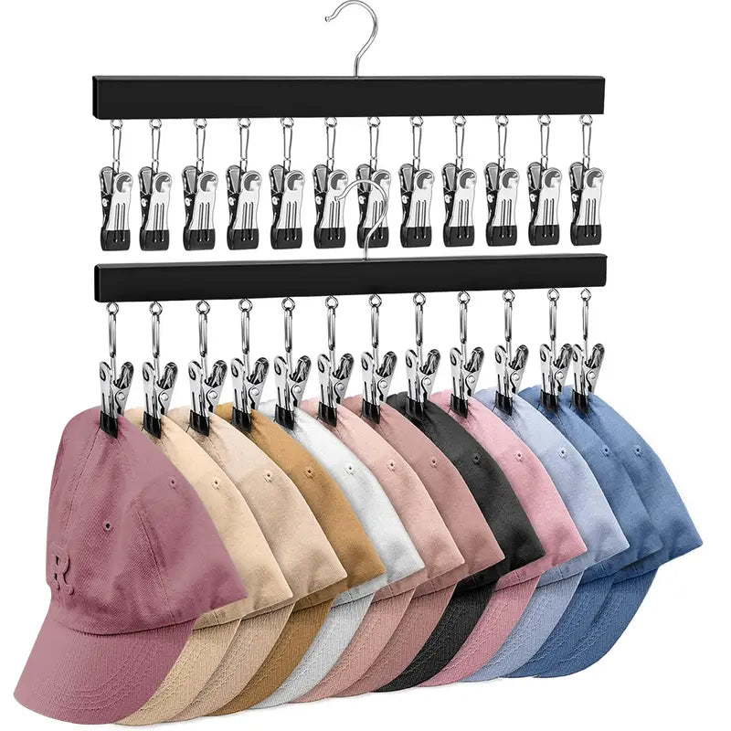 🧢 Wooden Hat Organizer | 12 Clips for Caps, Jeans & More | Space-Saving & Fits All Sizes 🪑