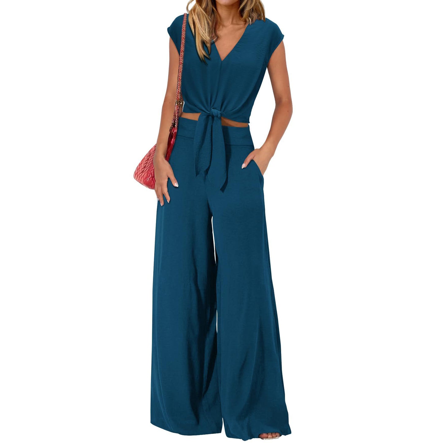 Women's Summer Two-Piece Tracksuit Short-sleeved V-neck drawstring crop top paired with wide-leg pants, casual sportswear【Buy 2 Free Shipping】