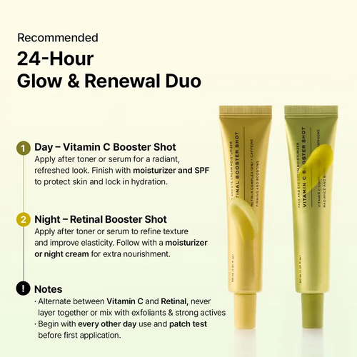 Booster Shot Skin Renewal Duo - Vitamin C & Retinal for Day And Night Brightening, Pore Minimizing, Moisturizing, and Fades Dark Spots