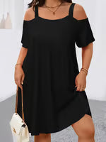 Plus Size Women's Round Neck Short Sleeve Shoulder Cut Out Fitted Casual Midi Dress