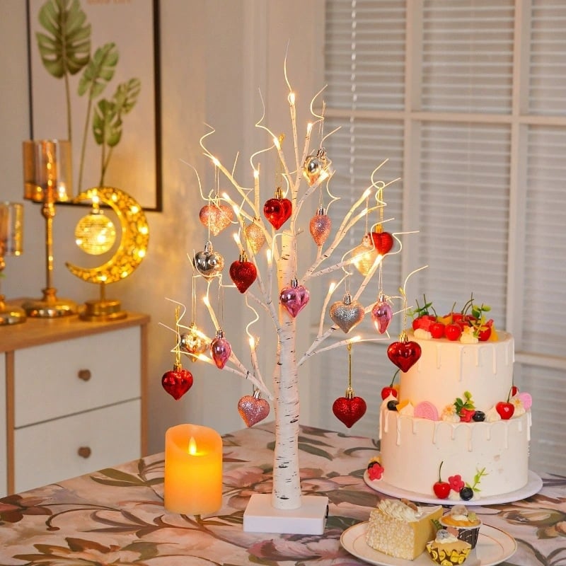 🔥Last Day 49% OFF -Valentines Day Decor Lighted Birch Tree with Heart Ornaments
