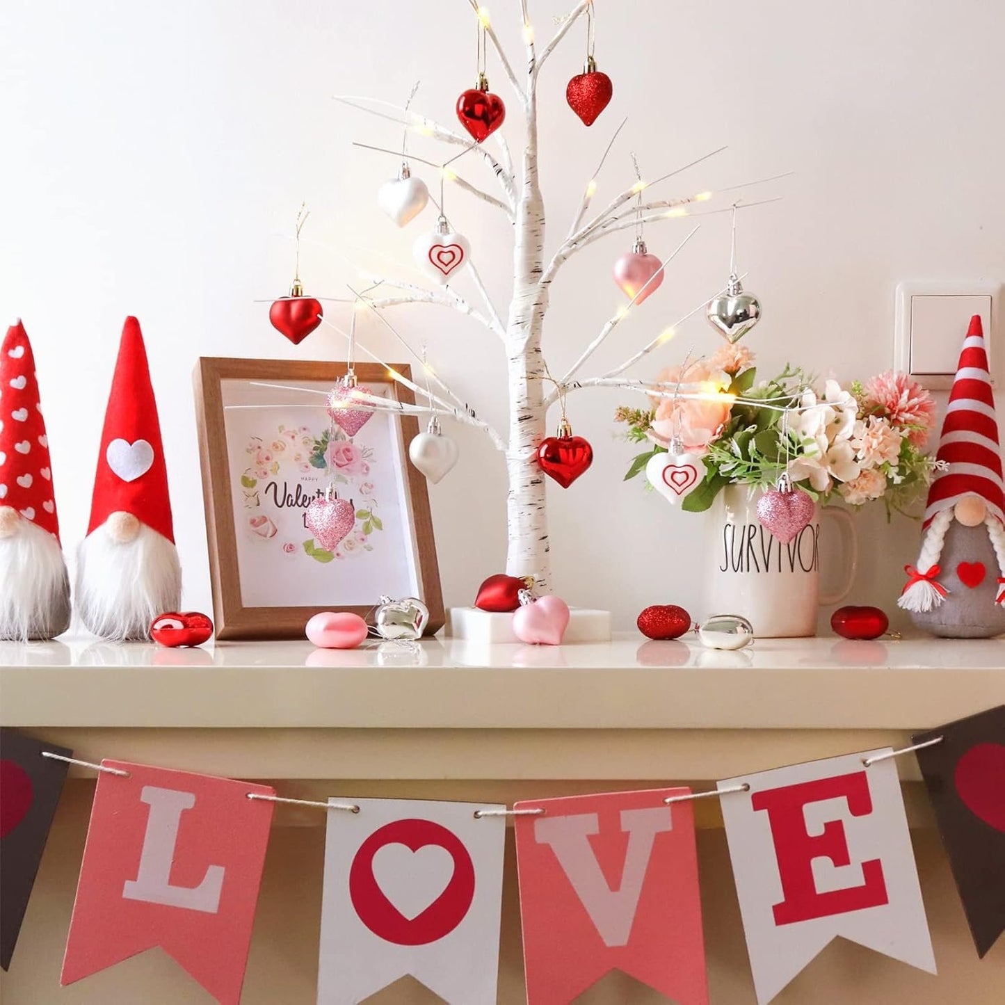 🔥Last Day 49% OFF -Valentines Day Decor Lighted Birch Tree with Heart Ornaments