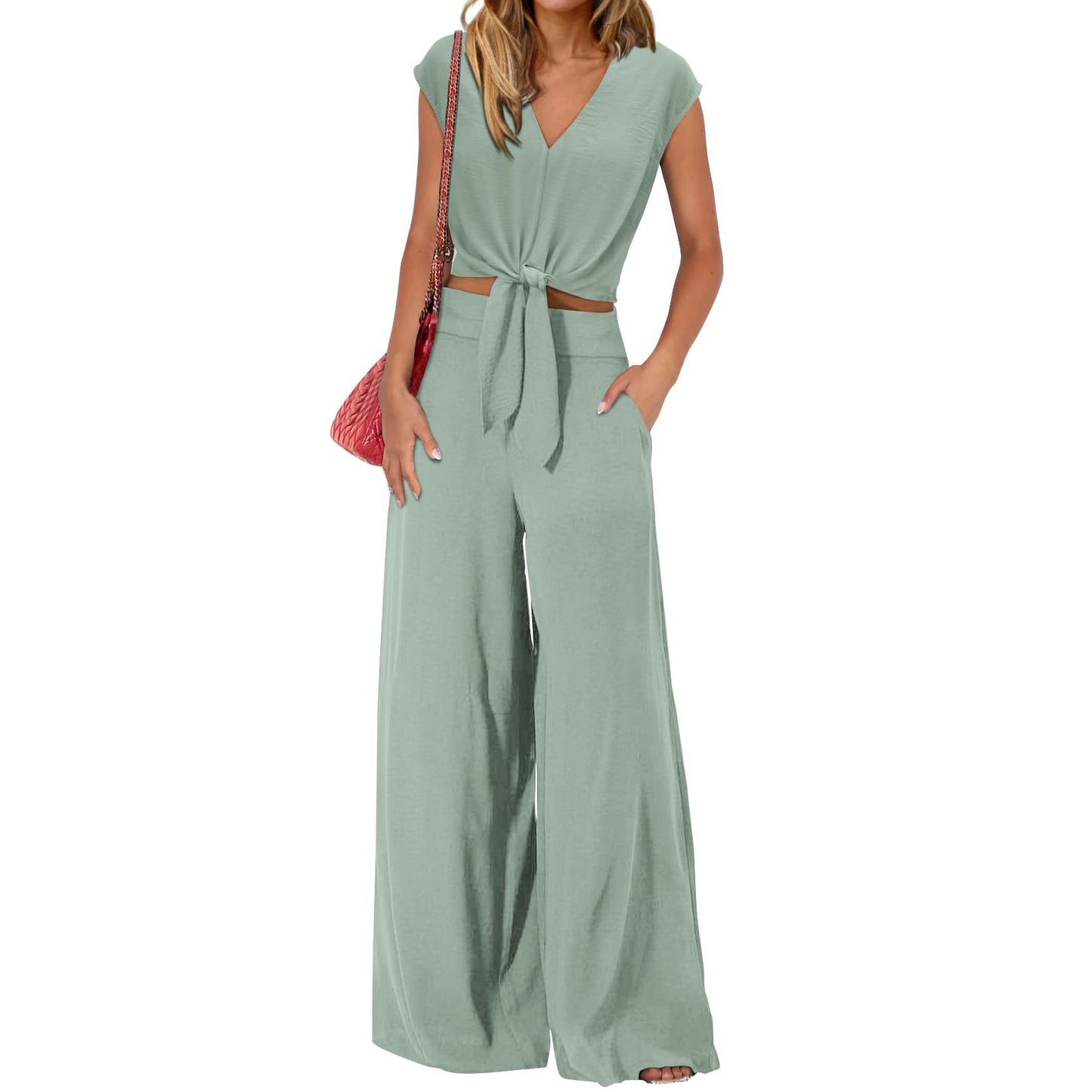 Women's Summer Two-Piece Tracksuit Short-sleeved V-neck drawstring crop top paired with wide-leg pants, casual sportswear【Buy 2 Free Shipping】