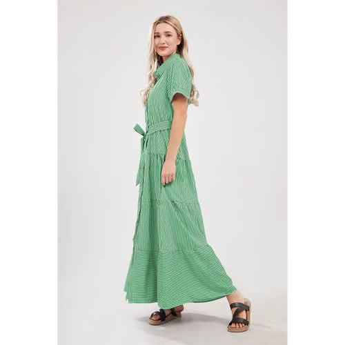 women's summer striped dress with tie waist ruffles long casual Shortsleeve Womenswear shirt dress SpringStatements