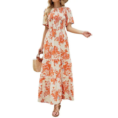 🔥LAST DAY 52% OFF - 💖Women's 2026 Summer Casual Floral Print Short Flutter Sleeve Crew Neck Smocked High Waist Flowy Maxi Dress