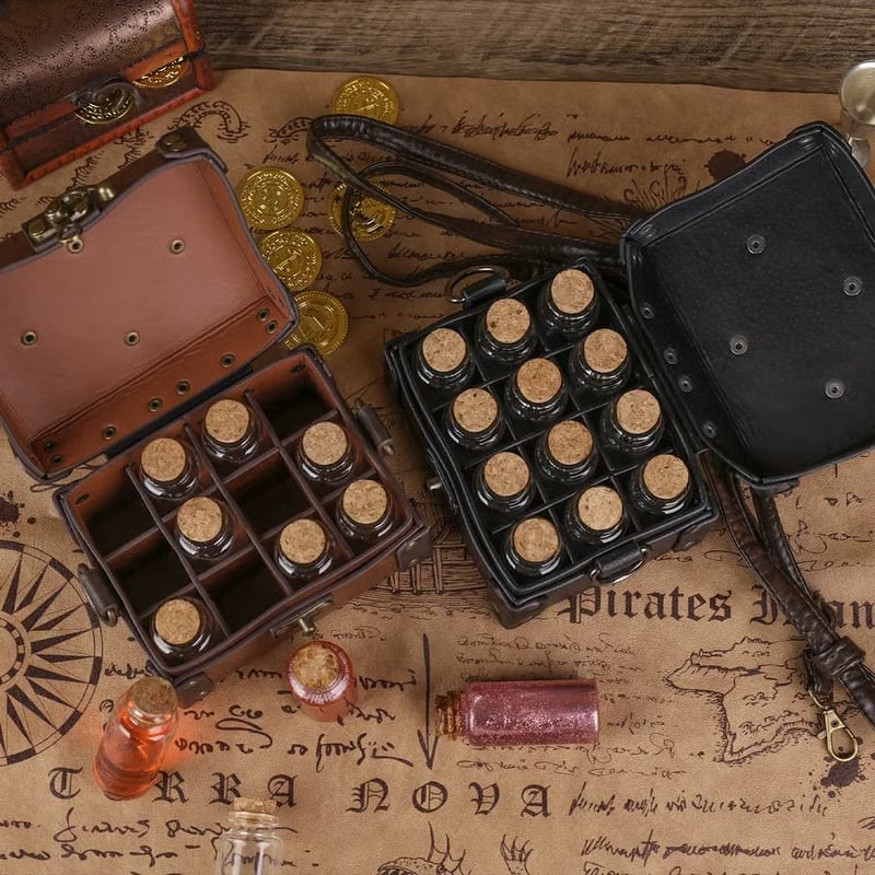 Vintage Leather Vial Carry Bag with 12 Glass Bottles