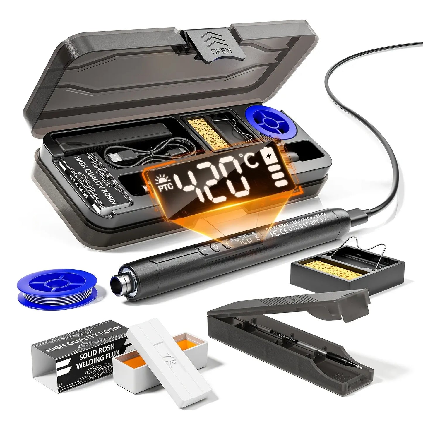 LCD Portable USB Adjustable-Temperature Soldering Iron Gun, Corded Solder Iron, Home DIY Soldering Kit with Storage Box, Electronic Soldering Tool