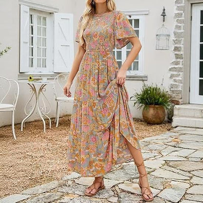 🔥LAST DAY 52% OFF - 💖Women's 2026 Summer Casual Floral Print Short Flutter Sleeve Crew Neck Smocked High Waist Flowy Maxi Dress