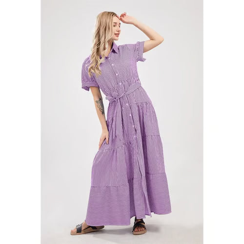 women's summer striped dress with tie waist ruffles long casual Shortsleeve Womenswear shirt dress SpringStatements