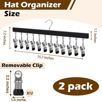 🧢 Wooden Hat Organizer | 12 Clips for Caps, Jeans & More | Space-Saving & Fits All Sizes 🪑