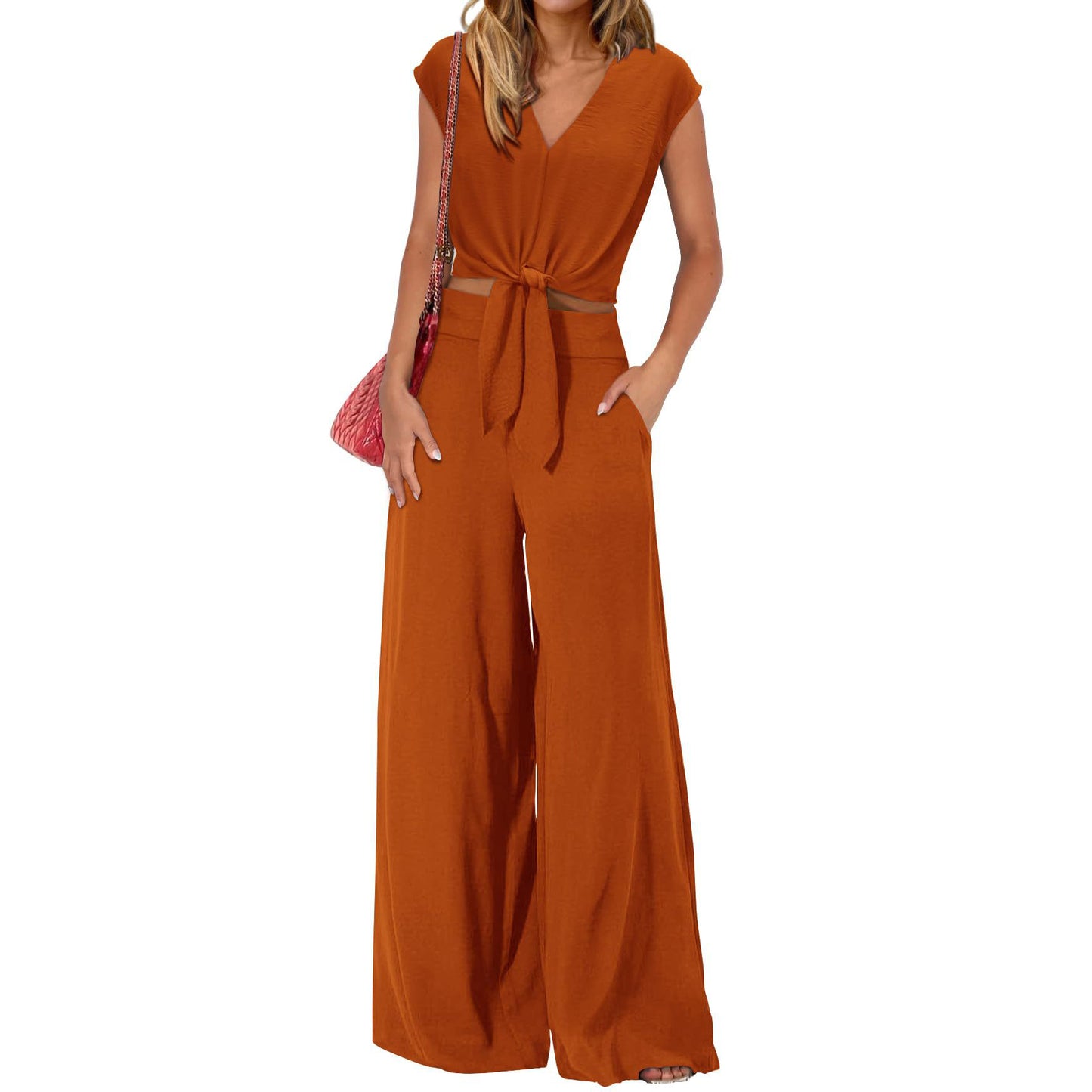 Women's Summer Two-Piece Tracksuit Short-sleeved V-neck drawstring crop top paired with wide-leg pants, casual sportswear【Buy 2 Free Shipping】