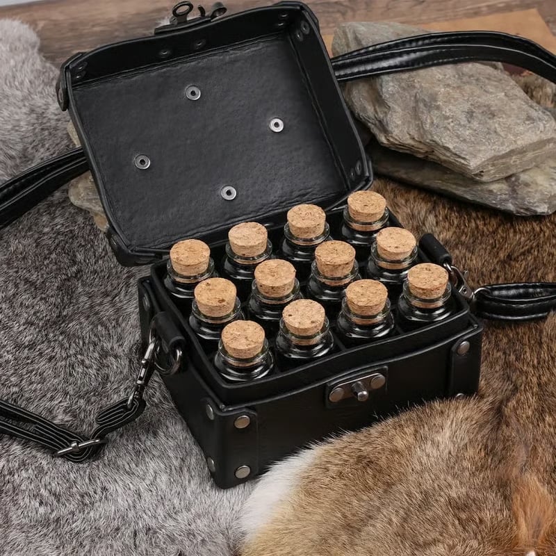 Vintage Leather Vial Carry Bag with 12 Glass Bottles