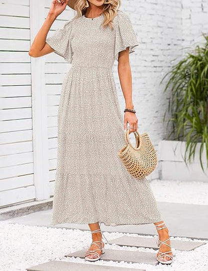 🔥LAST DAY 52% OFF - 💖Women's 2026 Summer Casual Floral Print Short Flutter Sleeve Crew Neck Smocked High Waist Flowy Maxi Dress