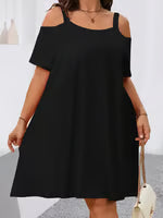 Plus Size Women's Round Neck Short Sleeve Shoulder Cut Out Fitted Casual Midi Dress