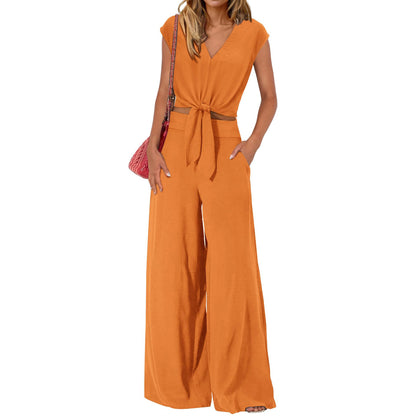 Women's Summer Two-Piece Tracksuit Short-sleeved V-neck drawstring crop top paired with wide-leg pants, casual sportswear【Buy 2 Free Shipping】