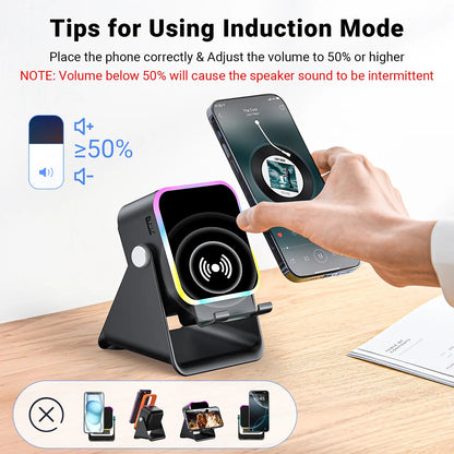 Wireless Induction Audio Speaker Stand, 5-in-1 Phone Stand, 3500mAh Rechargeable Emergency Power , 360° Adjustable Phone