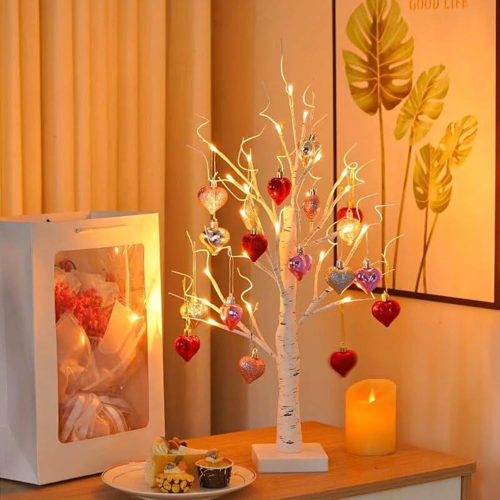 🔥Last Day 49% OFF -Valentines Day Decor Lighted Birch Tree with Heart Ornaments