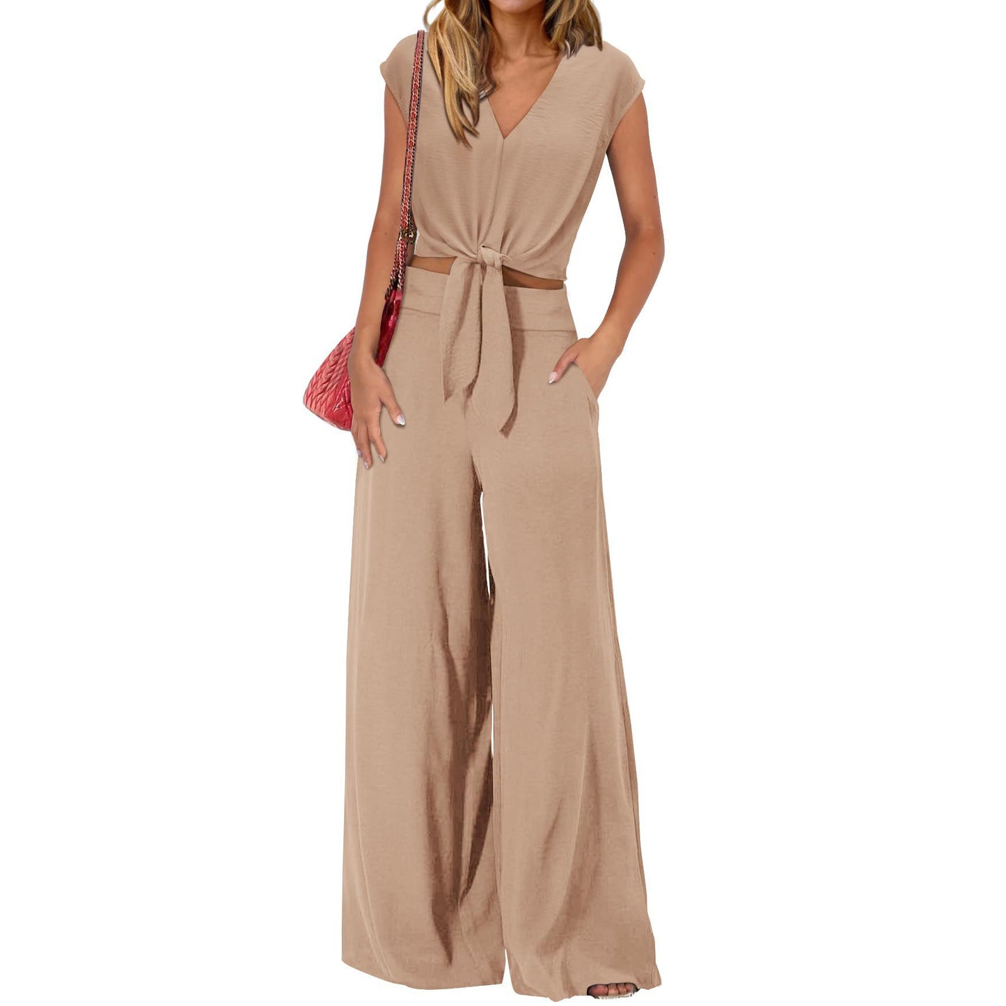 Women's Summer Two-Piece Tracksuit Short-sleeved V-neck drawstring crop top paired with wide-leg pants, casual sportswear【Buy 2 Free Shipping】