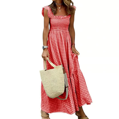 Women's Retro Plaid Smocked Dress, Spaghetti Strap Flowy Long Dress with Pockets